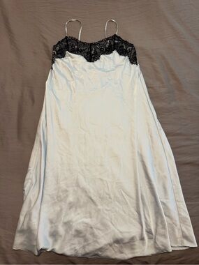 Silky Light Blue Sleep Slip Dress with Black Lace Trim